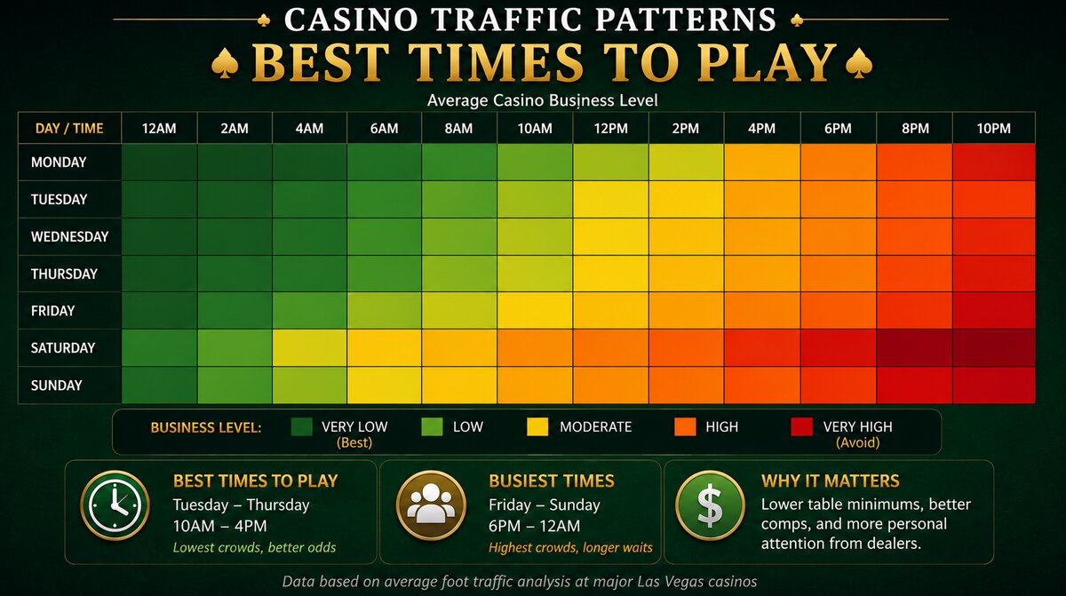 Casino traffic patterns heatmap showing peak vs quiet hours — best time to gamble at a casino