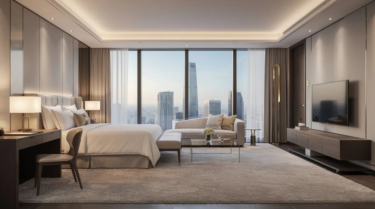 The image depicts a luxurious hotel suite featuring modern furnishings, large windows — Largest Casino