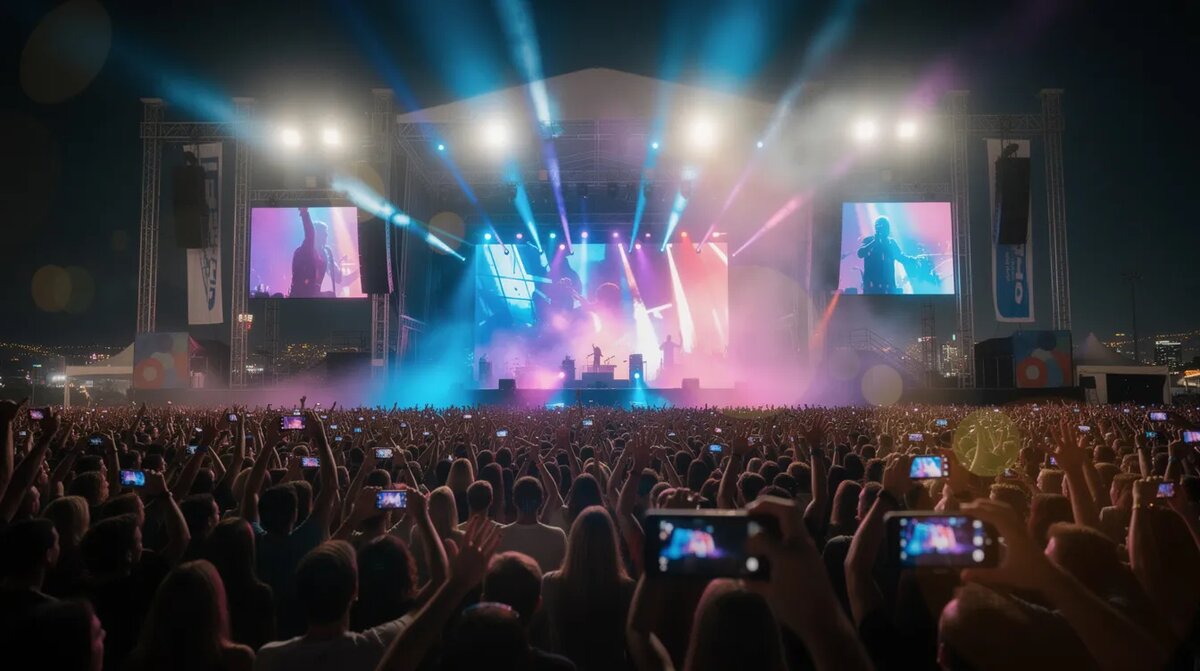 The image depicts an outdoor concert venue at night, illuminated by vibrant — Largest Casino