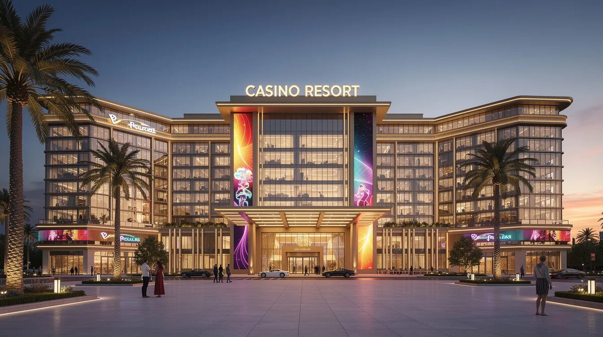 The image shows the exterior of the WinStar World Casino, the largest — Largest Casino