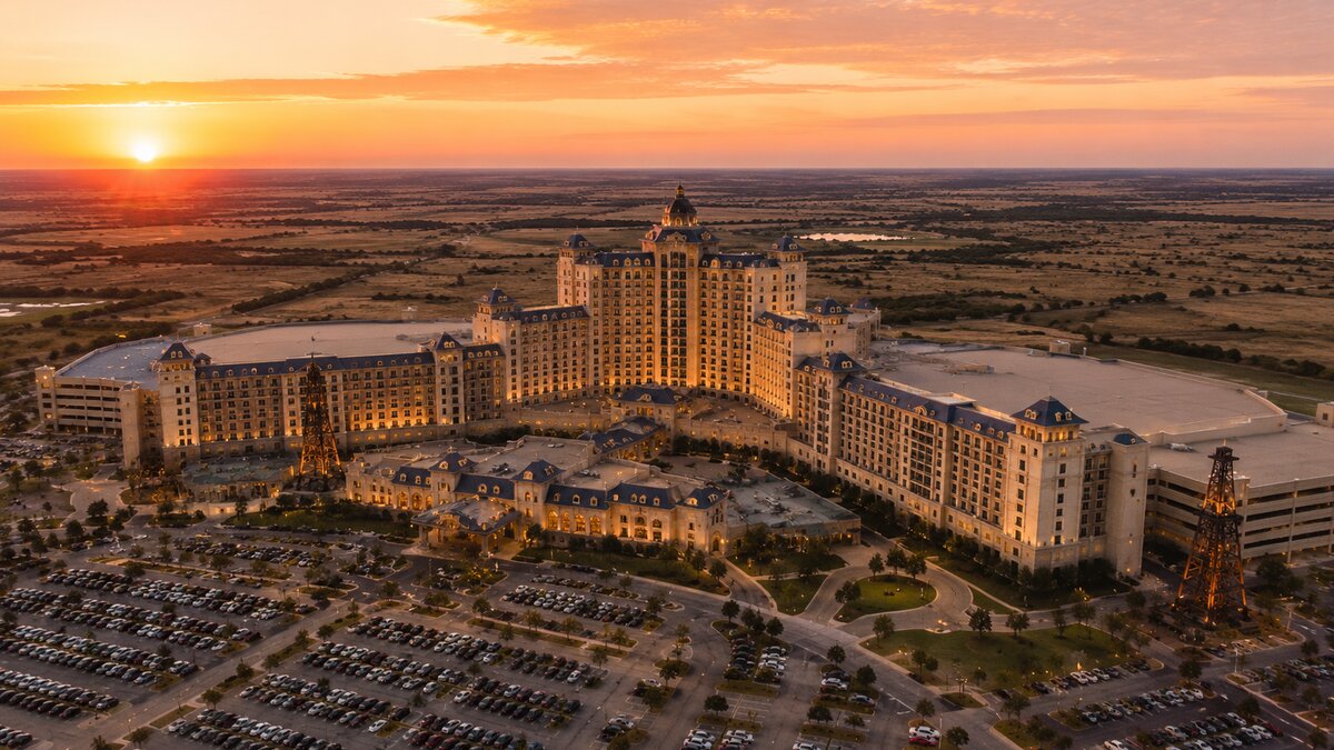 Aerial sunset view of a massive casino resort with sprawling complex — biggest casinos in usa