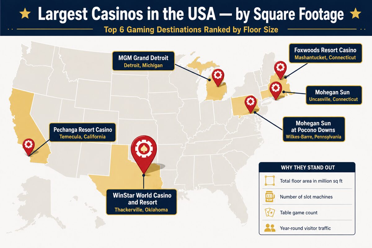 Map of largest casinos in USA by square footage with six locations marked from California to Pennsylvania