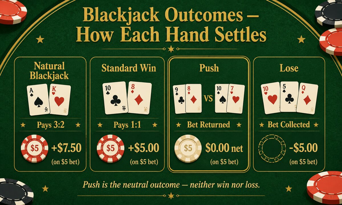 Blackjack outcomes comparison showing natural blackjack standard win push and lose payouts