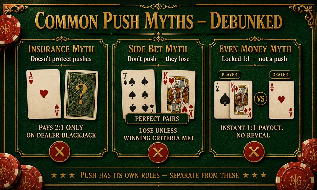 Common blackjack push myths debunked: insurance protection, side bet ties, and even money confusion