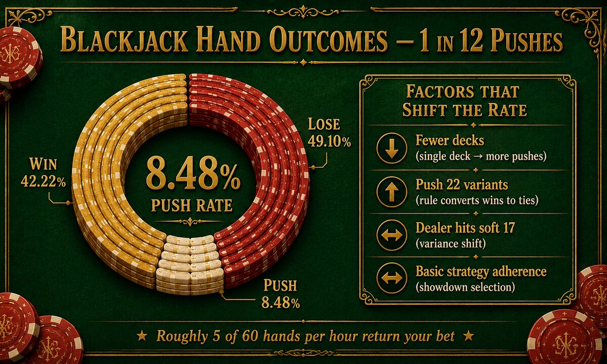 Blackjack hand outcomes donut chart showing 42.22 percent wins, 49.10 percent losses, and 8.48 percent pushes with rate-shifting factors