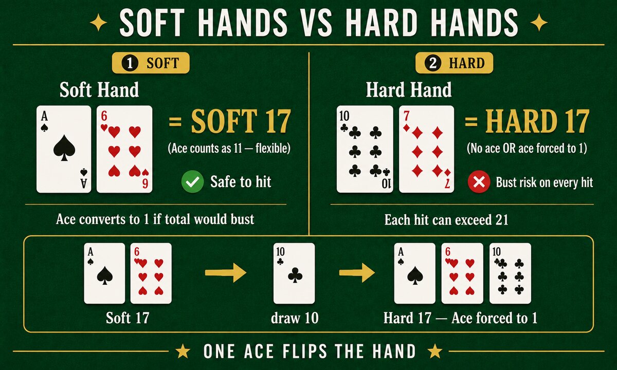 Soft hands vs hard hands comparison in blackjack with ace-six soft 17 versus ten-seven hard 17 and transformation when drawing additional card