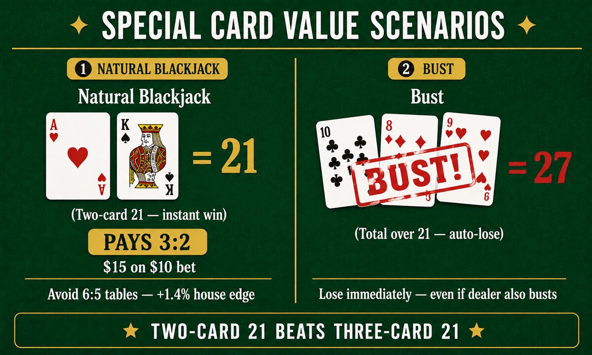 Special blackjack scenarios infographic showing natural blackjack ace-king pays 3:2 versus busting on hand total of 27