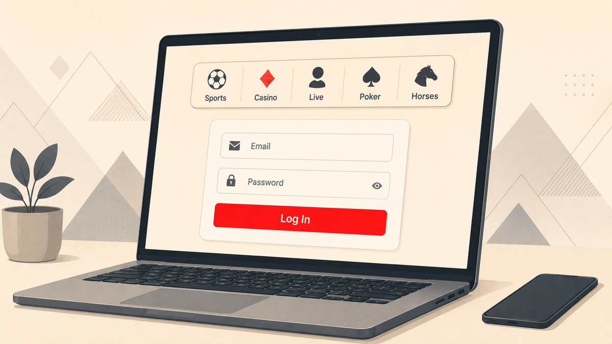 Online sportsbook and casino login screen with email and password fields and a five-vertical unified-account tab strip — Bovada login guide