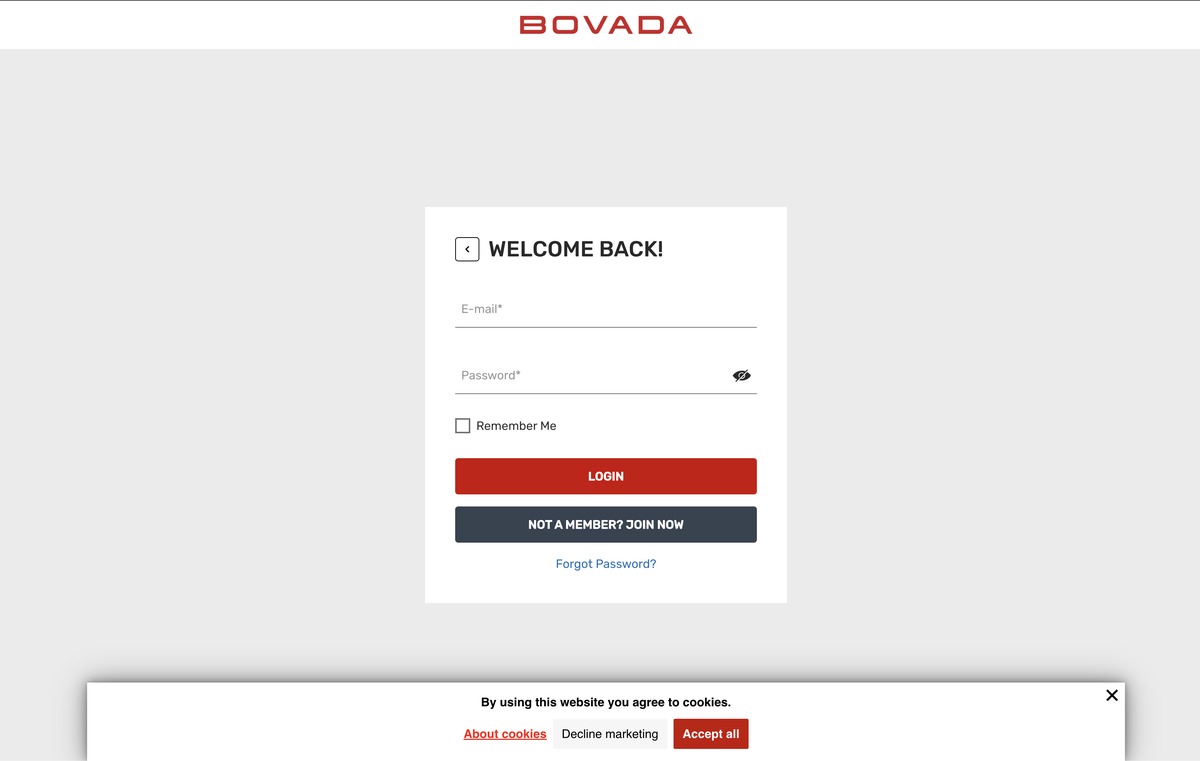Real Bovada Welcome Back login screen with email, password, Remember Me checkbox, red Login button, and Forgot Password link
