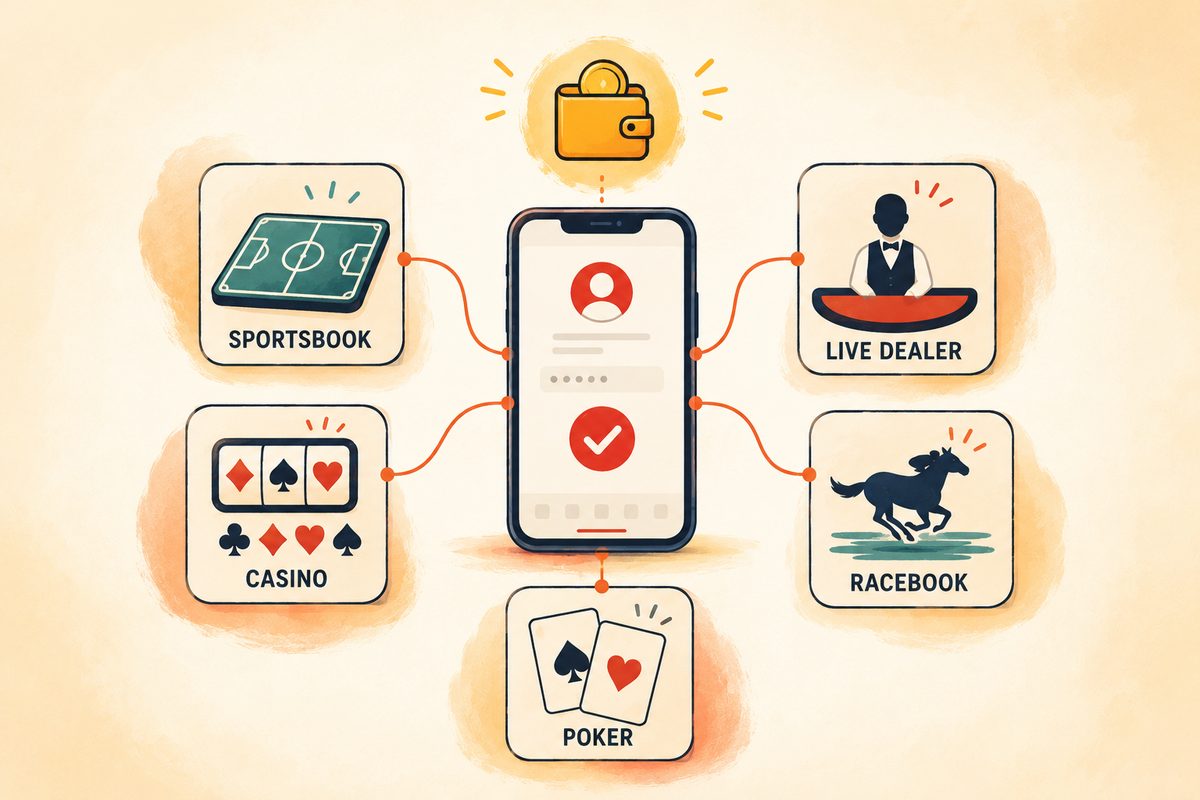 Bovada mobile app five verticals from one login — sportsbook casino live dealer poker racebook unified single-account wallet diagram