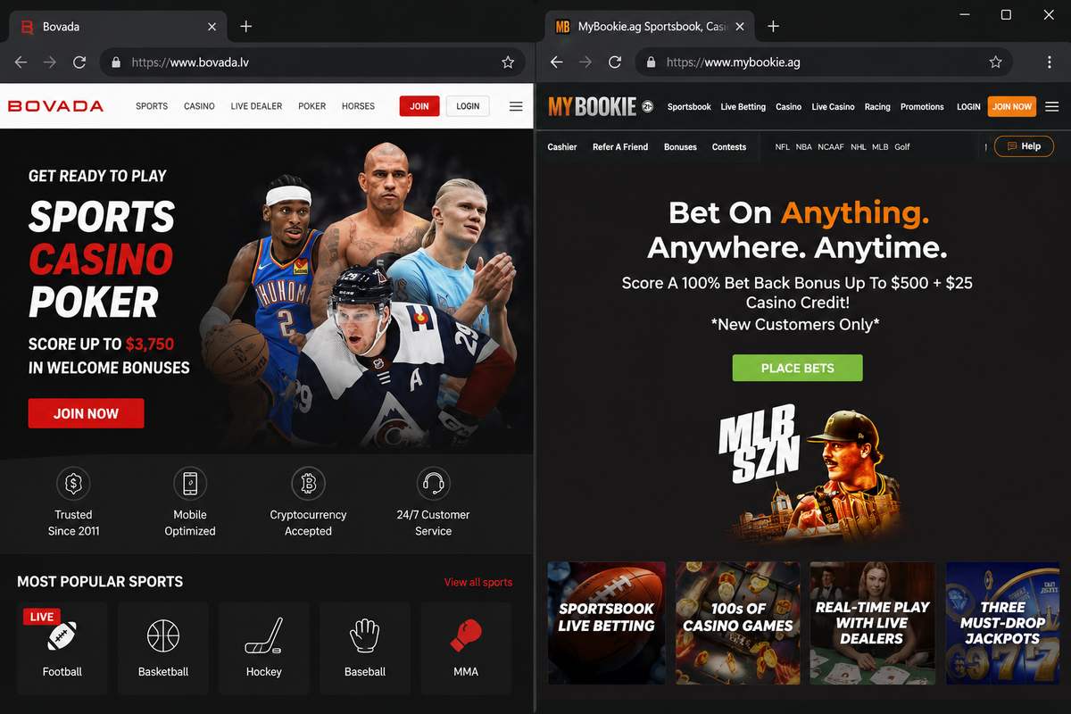 Real Bovada and MyBookie casino lobbies shown side-by-side in two browser tabs — Bovada.lv featuring $3,750 welcome bonus, MyBookie.ag featuring 100 percent Bet Back bonus up to $500 plus $25 casino credit