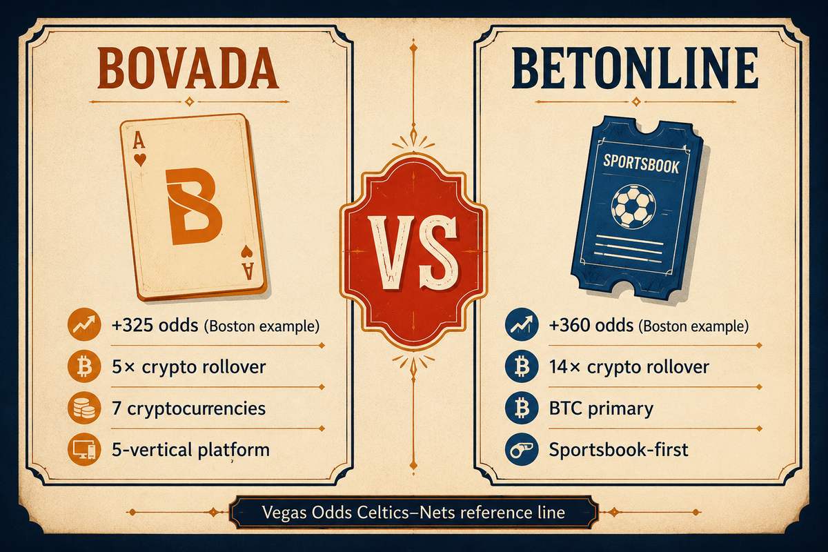 BetOnline versus Bovada decision card comparing +360 versus +325 odds, 14x versus 5x crypto rollover, BTC primary versus 7-cryptocurrency support, and sportsbook-first versus 5-vertical platform