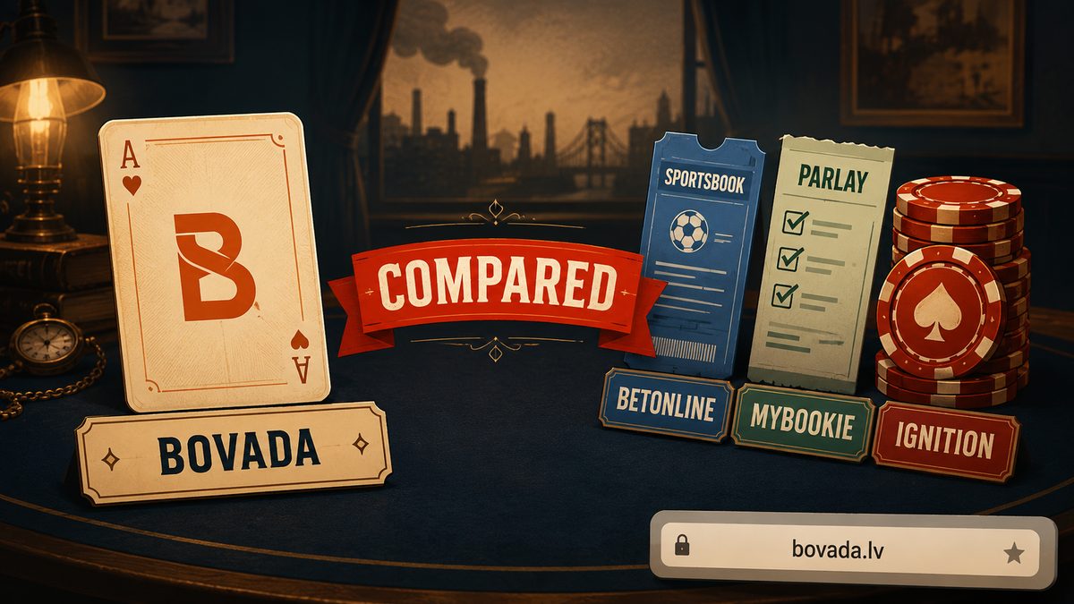 Comparison hero showing Bovada playing-card silhouette versus BetOnline sportsbook ticket, MyBookie parlay slip, and Ignition poker chips with PeakyRed COMPARED ribbon