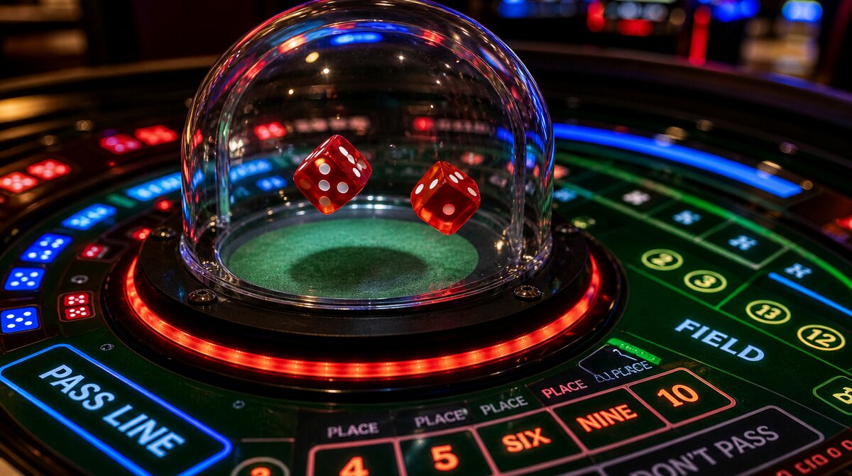 Bubble craps machine dome with red dice mid-bounce — bubble craps strategy