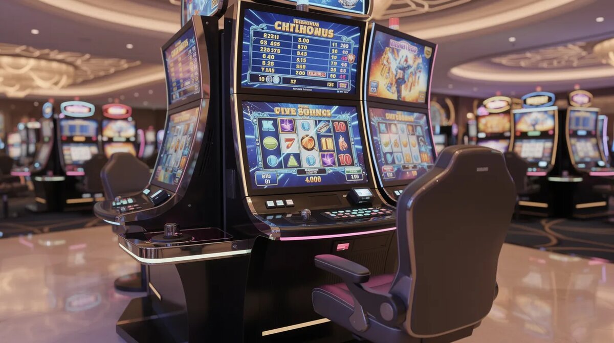 The image features a modern electronic gaming machine station with multiple screens, — Bubble Craps