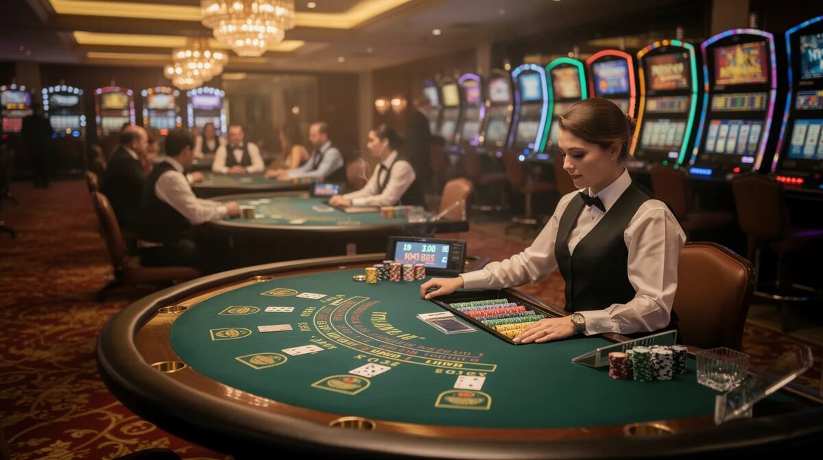 The image depicts a bustling casino floor in Las Vegas, featuring several — Cheapest Blackjack