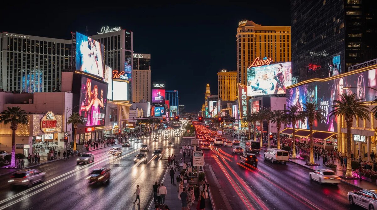 The image showcases the vibrant Las Vegas Strip at night, illuminated by — Cheapest Blackjack
