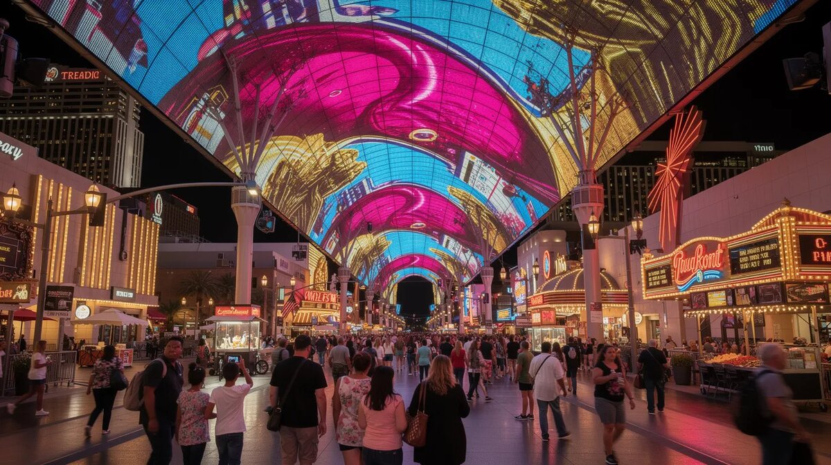 The image showcases the vibrant Fremont Street Experience in downtown Las Vegas, — Cheapest Blackjack