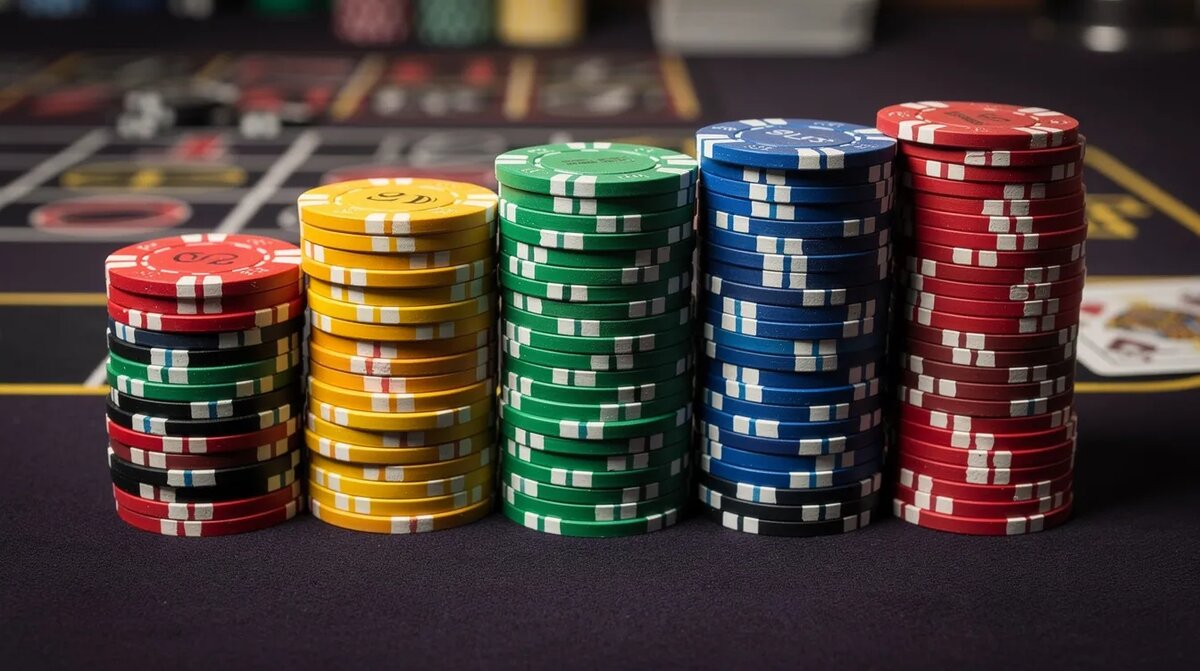 A vibrant stack of colorful casino chips is neatly arranged by denomination, — Craps Strategy