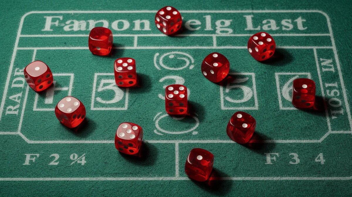 An overhead view captures red dice resting on a vibrant green craps — Craps Strategy