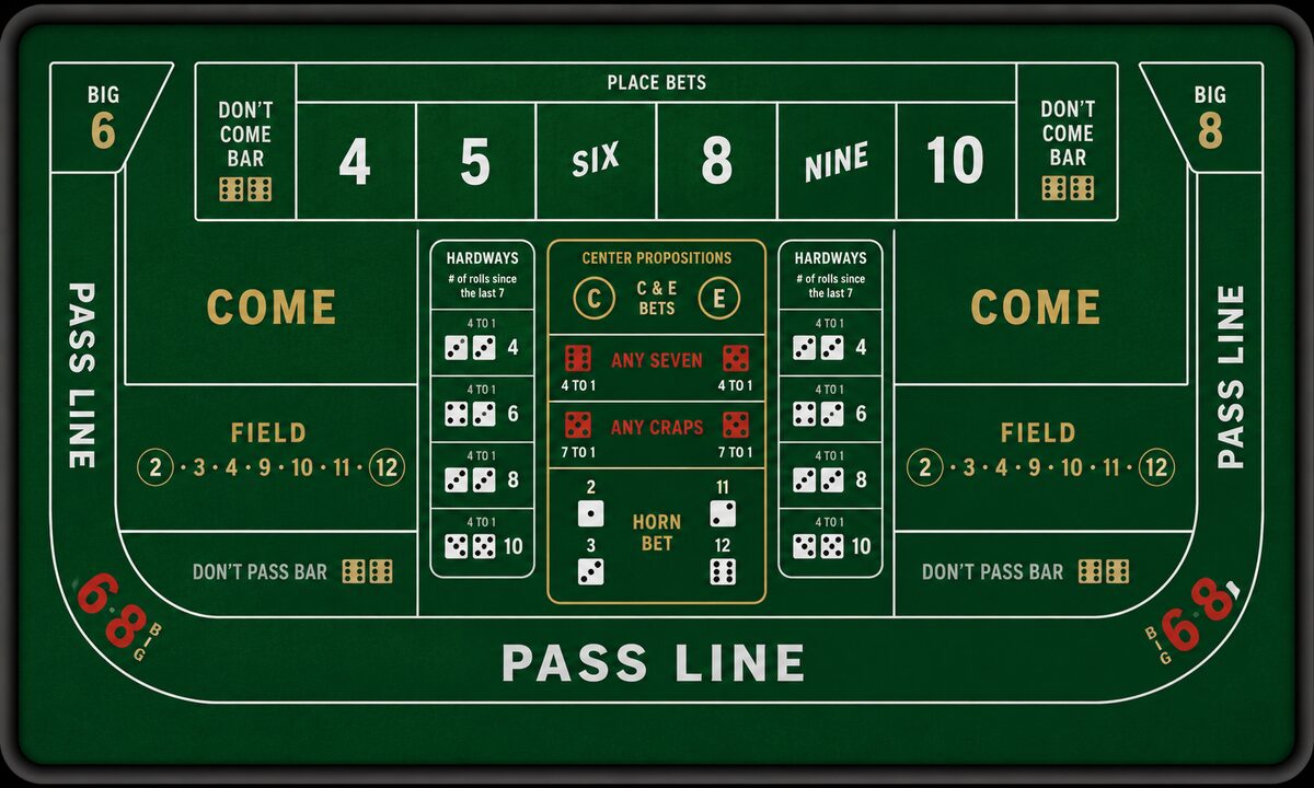 Complete craps table layout diagram showing pass line don't pass come field place hardways center propositions