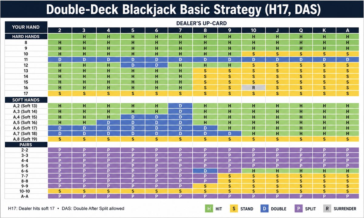 Double-deck blackjack basic strategy chart showing hit stand double split surrender per dealer up-card