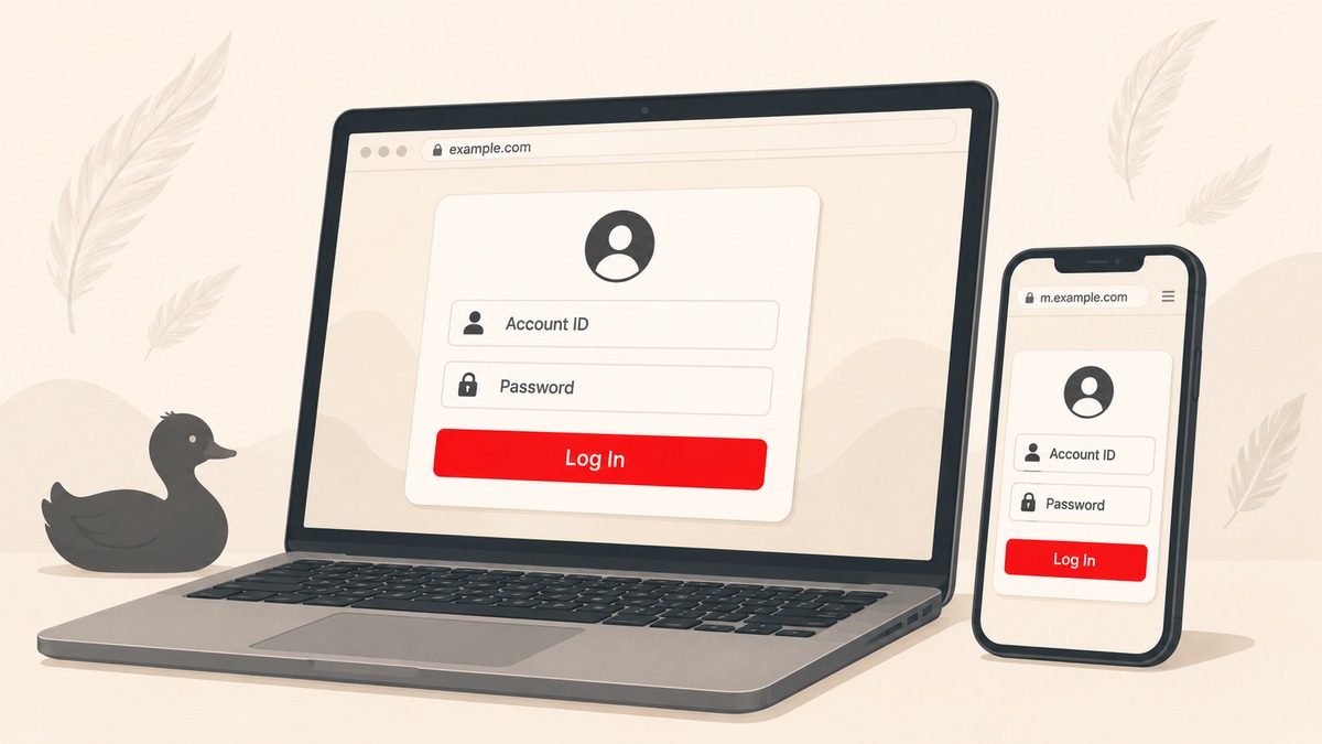 Online casino login screens on laptop and mobile subdomain with Account ID and Password fields and a drake-bird brand cue — Drake Casino login guide