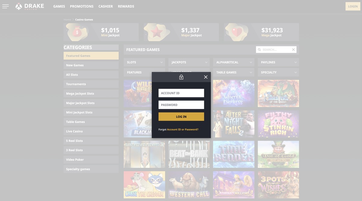 Real Drake Casino login modal overlaying the lobby with Account ID, Password, and Forgot Account ID or Password link