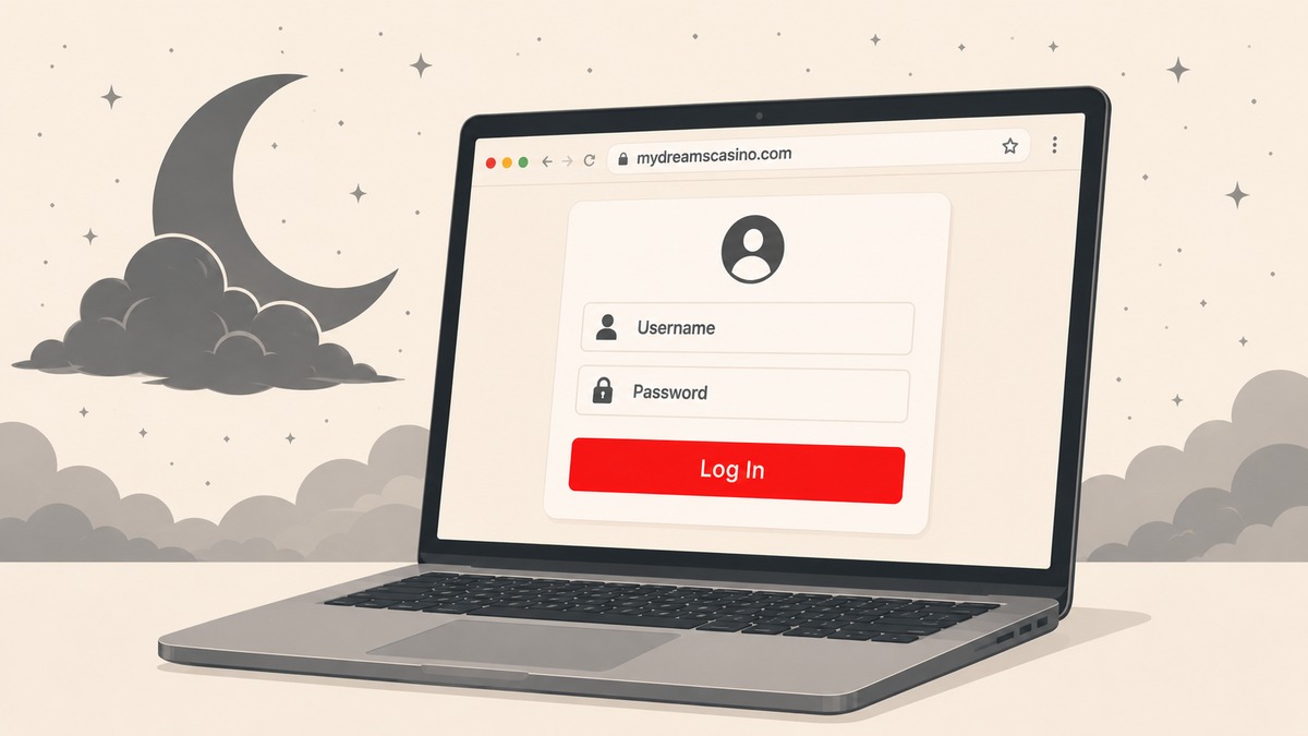 Online casino login screen on laptop showing mydreamscasino.com URL with cloud-and-crescent-moon brand cue and dreamy star-dot backdrop — Dreams Casino login guide