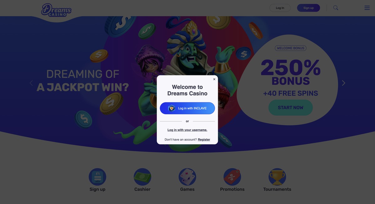 Real Dreams Casino login modal with Inclave SSO option, username login alternative, and 250% Welcome Bonus banner overlay