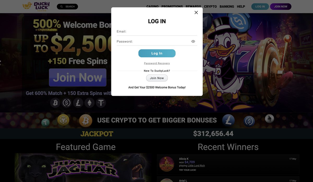 Real DuckyLuck Casino Log In pop-up modal with email, password, Password Recovery link, and Join Now CTA overlaying the lobby