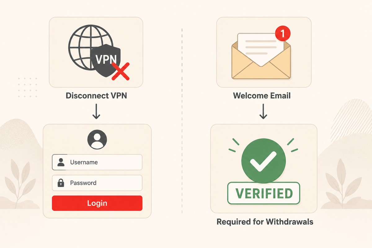 VPN disconnect and email verification flow at DuckyLuck Casino — required before login and withdrawals