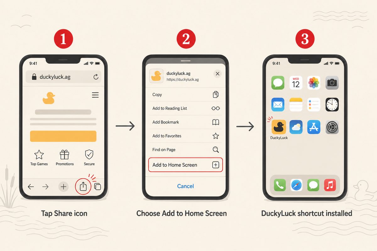 Three-step Add-to-Home-Screen tutorial for DuckyLuck Casino — Safari Share icon, the Add to Home Screen menu option, and the installed DuckyLuck shortcut on the phone home screen — the workaround for the casino's missing native iOS and Android app