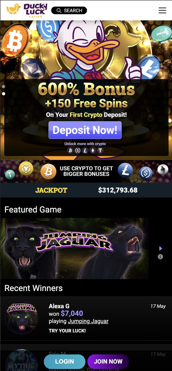 Real DuckyLuck Casino mobile homepage screenshot showing the DUCKY LUCK logo, mascot rubber duck with crypto coin emblems, the 600 percent welcome bonus with 150 free spins on first crypto deposit hero, the live jackpot ticker at $312,793.68, the featured game Jumpin Jaguar, recent winners feed, and LOGIN plus JOIN NOW buttons — proof that the casino runs as a responsive browser site, not a native app