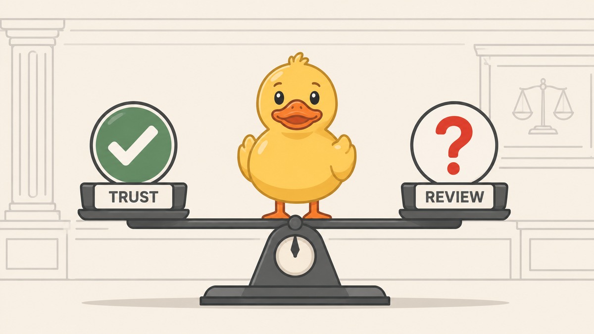 Rubber duck mascot on balance scale weighing trust checkmark against review question mark — DuckyLuck Casino trust and safety guide