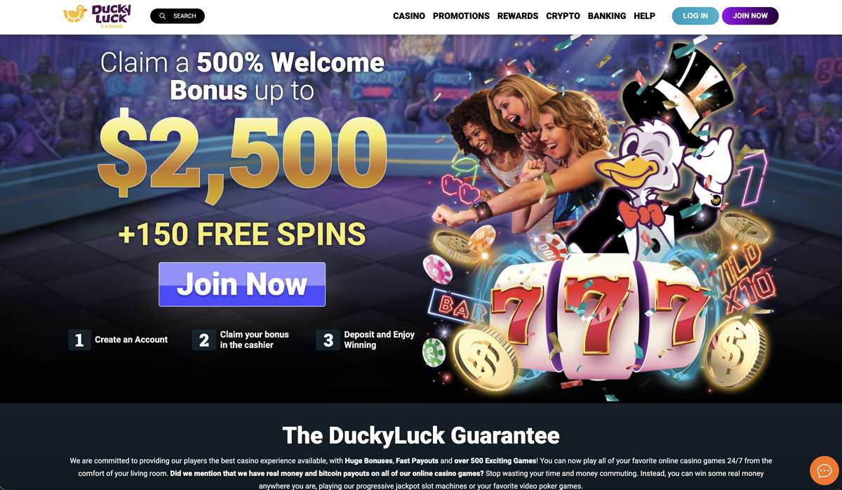 Real DuckyLuck Casino lobby with 500% Welcome Bonus up to $2,500 plus 150 free spins hero offer and 3-step onboarding flow