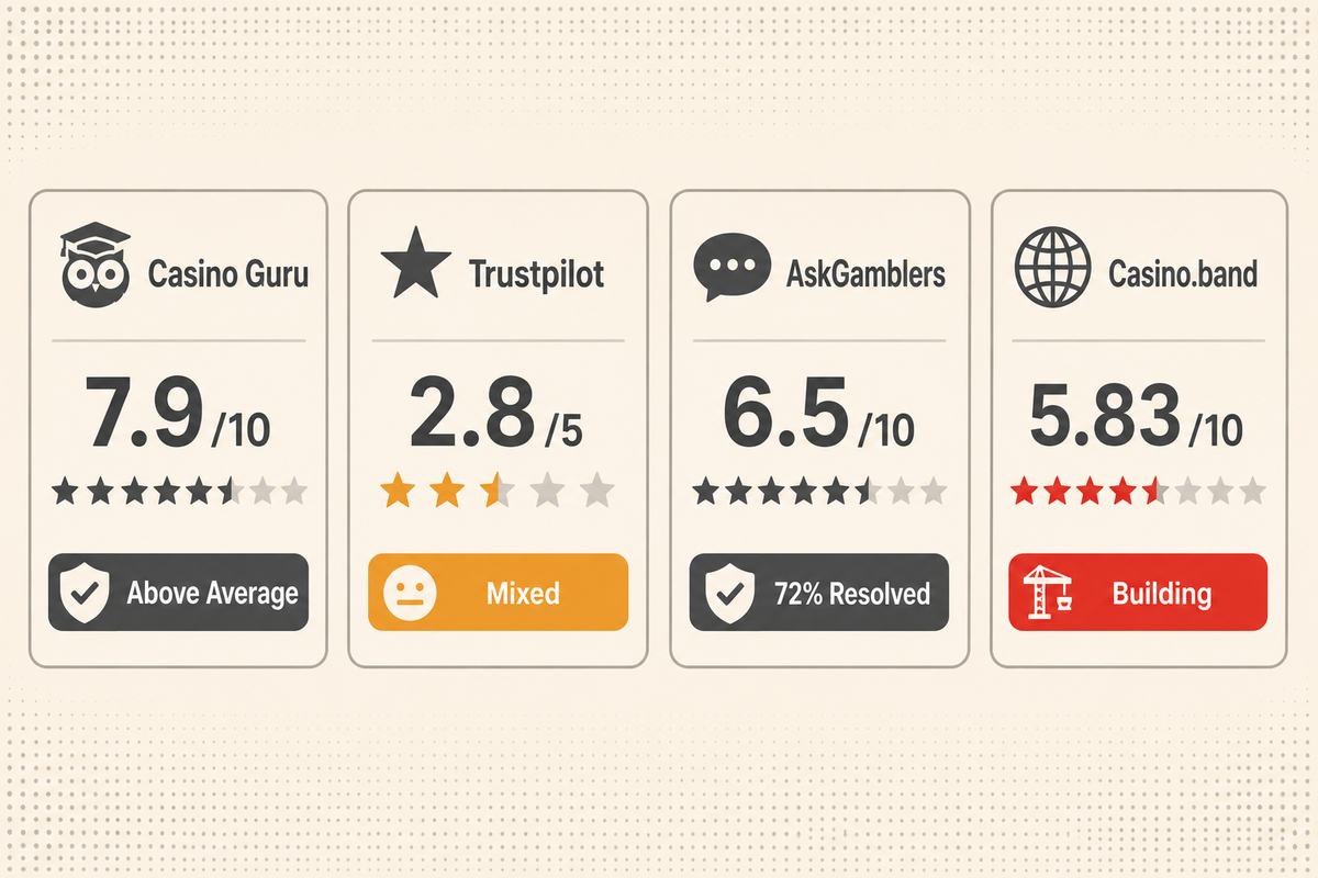 Four-platform trust scorecard showing DuckyLuck Casino ratings at Casino Guru 7.9, Trustpilot 2.8, AskGamblers 6.5 (72% resolved), and Casino.band 5.83 (Building)