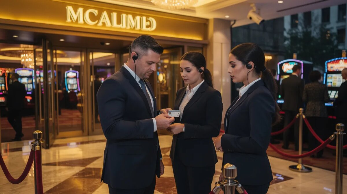A security personnel is checking identification at the entrance of a Las — Gambling Age