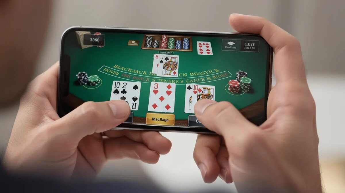A person is focused on playing blackjack online using their smartphone, with — Is Online