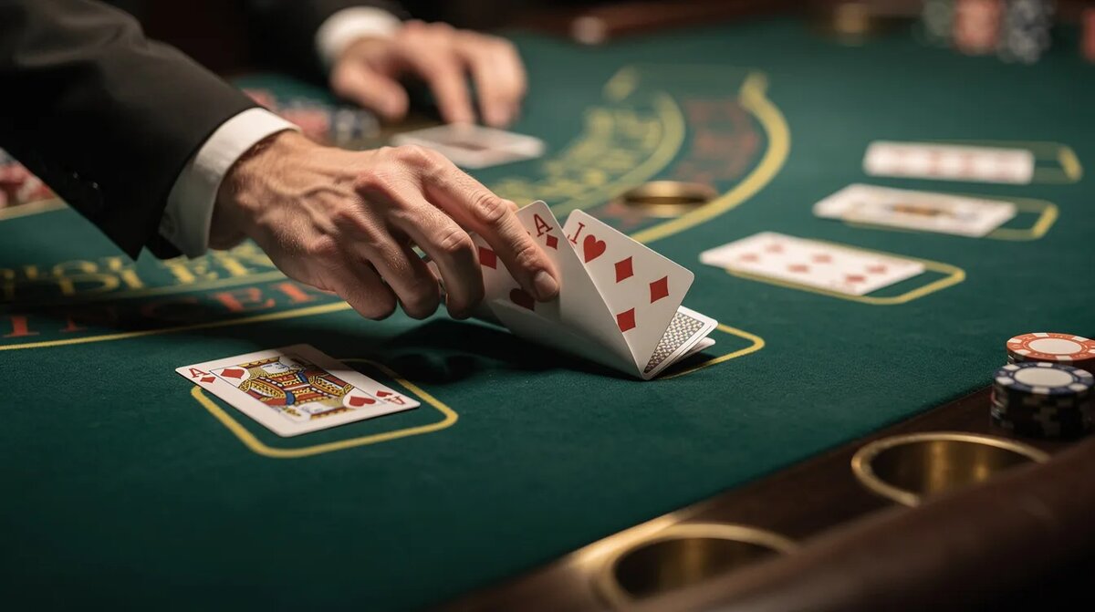 A close-up image shows blackjack cards being dealt on a green felt — Is Online