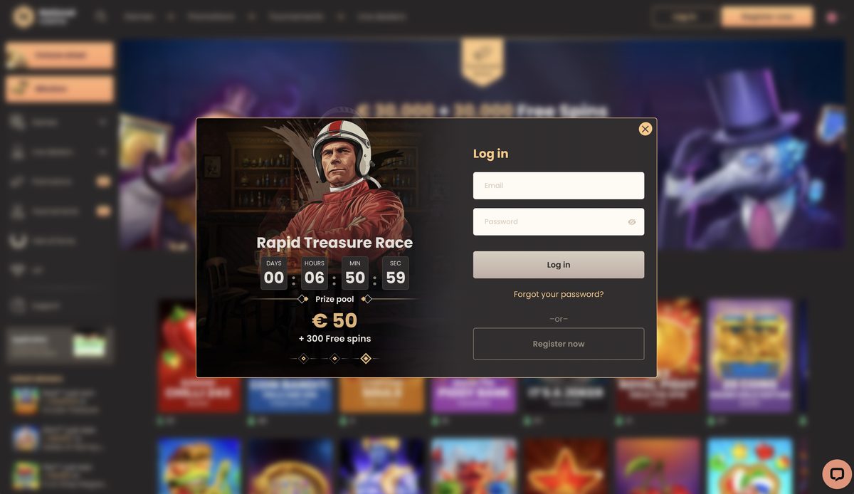 National Casino desktop site live screenshot with Log in modal overlay Email Password fields grey Log in button Forgot your password link Register now option and Rapid Treasure Race tournament banner background