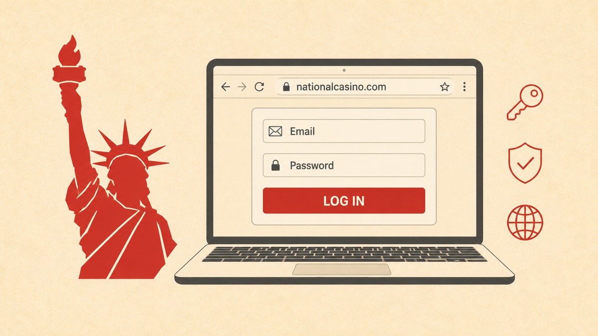 National Casino login infographic with red Statue of Liberty silhouette beside laptop mockup showing nationalcasino.com URL bar Email Password fields red LOG IN button and key shield globe icons