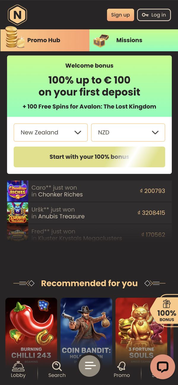 National Casino mobile portrait screenshot showing N logo Sign up Log in buttons Promo Hub Missions tabs welcome bonus 100 percent up to 100 euro plus 100 free spins Avalon Lost Kingdom New Zealand NZD currency selector live wins ticker and Recommended for you games