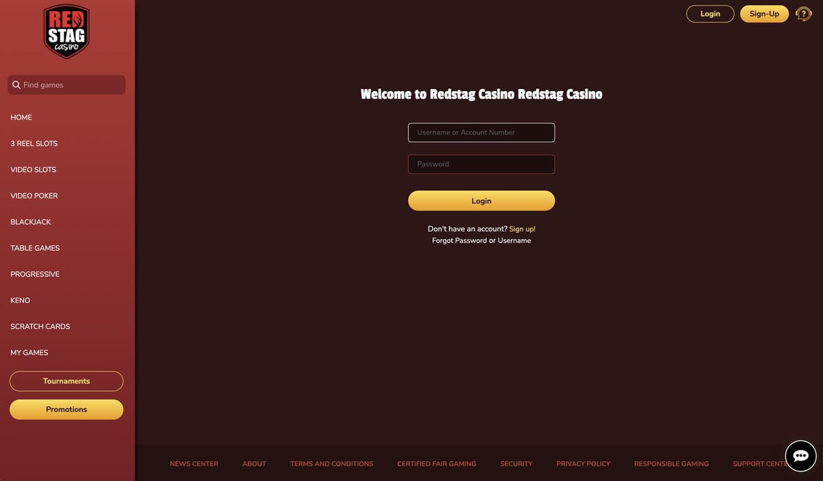Red Stag Casino desktop login screen with username, password, Forgot Password link, and yellow Login button in the live lobby