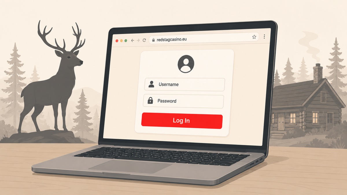 Online casino login screen on laptop showing redstagcasino.eu URL with stag silhouette and rustic log-cabin backdrop — Red Stag Casino login guide