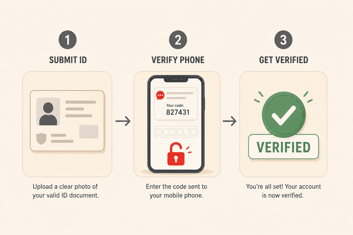 Three-step account verification flow at Red Stag Casino — ID document, SMS code, and verified badge