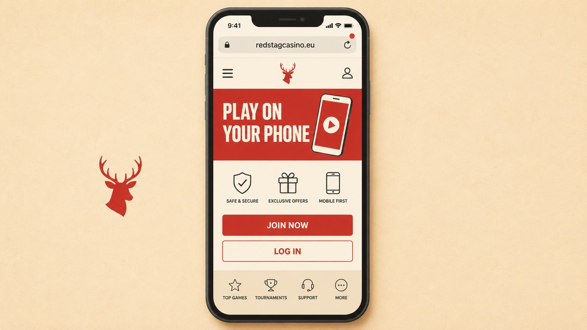 Red Stag Casino mobile app browser interface on smartphone with red stag silhouette and PLAY ON YOUR PHONE banner