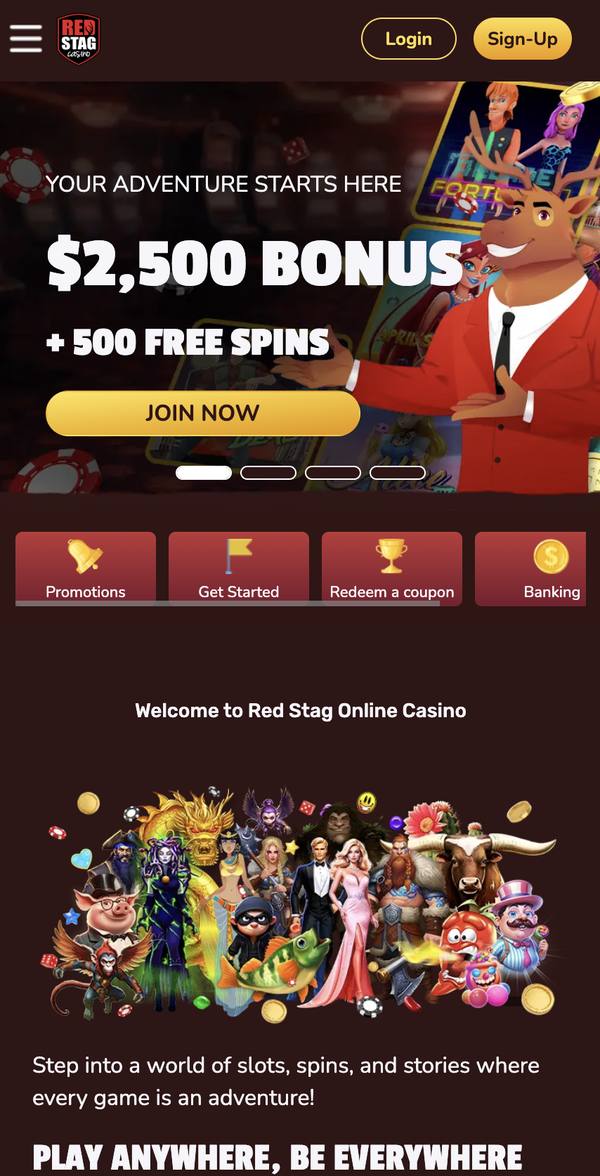 Red Stag Casino mobile website screenshot showing 2500 dollar bonus 500 free spins welcome banner Western mascot character and 4-icon navigation Promotions Get Started Redeem Coupon Banking