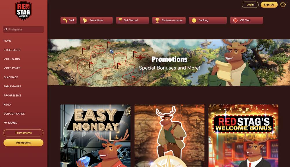Red Stag Casino desktop live website screenshot with RED STAG CASINO logo left sidebar navigation HOME 3-Reel Slots Video Slots Video Poker Blackjack Table Games Promotions hero banner with Reindeer Ryan mascot and 3 promo cards EASY MONDAY Reindeer Ryan and WELCOME BONUS