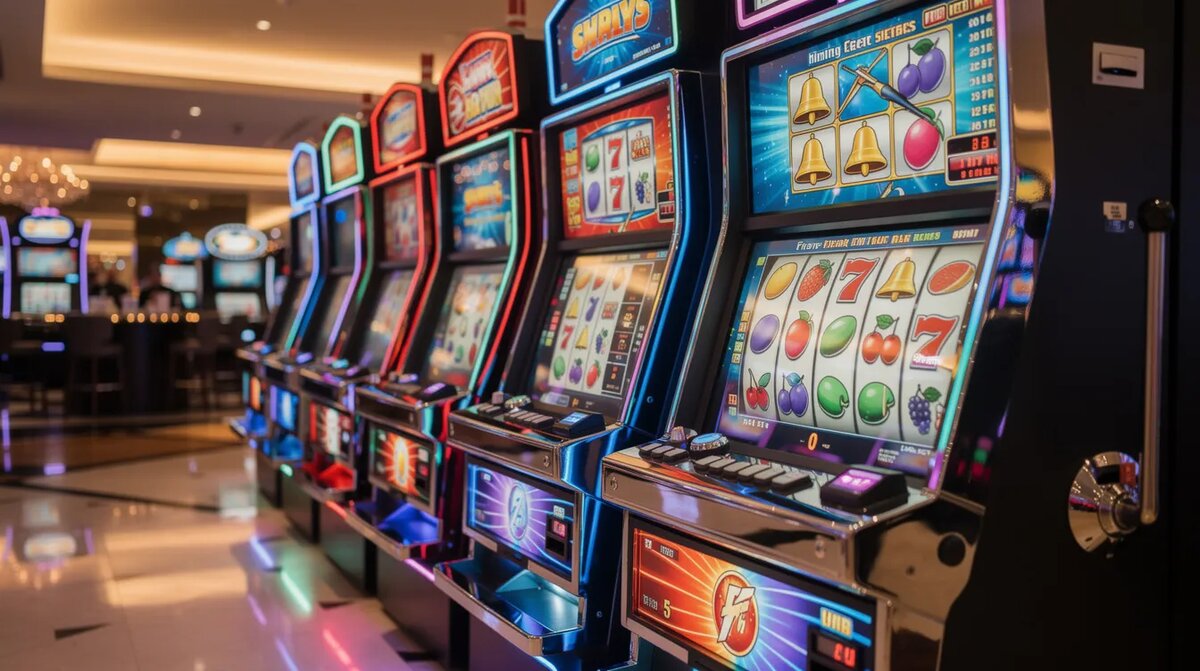 The image depicts a vibrant row of digital slot machines in a — Best Rtp